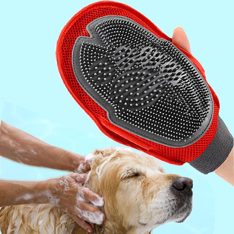 Golden Years Massage & Grooming Glove being used to bathe a golden retriever